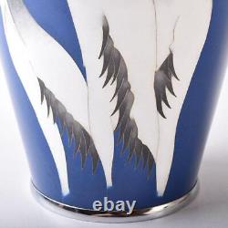 Cloisonne Vase Crane pattern 10.8 inch tall Japanese Blue Pot