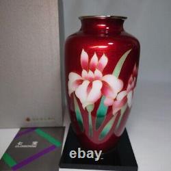 Cloisonne Vase Iris Flower pattern 8.2 inch tall Japanese Red Pot