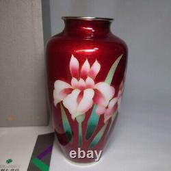 Cloisonne Vase Iris Flower pattern 8.2 inch tall Japanese Red Pot