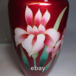 Cloisonne Vase Iris Flower pattern 8.2 inch tall Japanese Red Pot