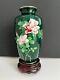 Cloisonne Vase Rose Flower Pattern 7.2 Inch Tall Japanese Dark Green Color Pot