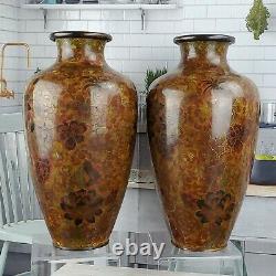 Cloisonne Vases Pair 10 Peony Floral Pair Vase Brown Chocolate Red Enamel Brass