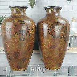 Cloisonne Vases Pair 10 Peony Floral Pair Vase Brown Chocolate Red Enamel Brass