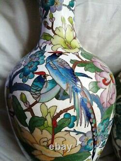 Cloisonne antique japanese vases gold wire. Birds trees flowers very nice 12 in