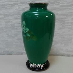 Cloisonne vase Pot 10.6 inch tall Rose Pattern Green Color Japanese