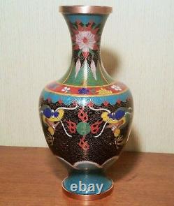 DRAGON enamel red black japanese cloisonne vase vtg asian art craft wave cloud