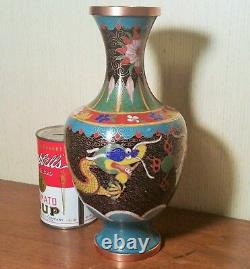 DRAGON enamel red black japanese cloisonne vase vtg asian art craft wave cloud