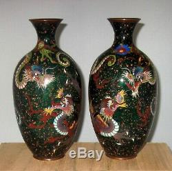 Early Meiji Period Japanese Cloisonne Enamel Pair Vases with Three Toed Dragons