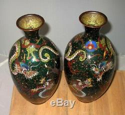 Early Meiji Period Japanese Cloisonne Enamel Pair Vases with Three Toed Dragons
