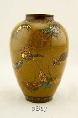 Early Namikawa Meiji Japanese Cloisonne enamel Butterfly yellow-ground vase