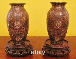Exceptional Pair of Japanese Meiji Period Cloisonne Vases and Mahogany Stands