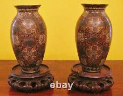 Exceptional Pair of Japanese Meiji Period Cloisonne Vases and Mahogany Stands