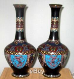 Fine Antique Japanese Cloisonne Enamel Pair Vases with Dragon and Pheonix-Meiji