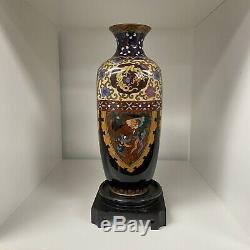 Fine Antique Meiji Japanese Cloisonne Enamel Vase Dragons & Phoenix With Base