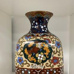Fine Antique Meiji Japanese Cloisonne Enamel Vase Dragons & Phoenix With Base