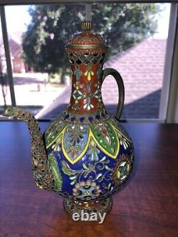 Fine Japanese Cloisonne Enamel Teapot Ewer With Twisted Wire Meiji