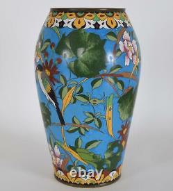 Fine Japanese Cloisonné Enamel Vase Birds Flowers Blue Ground Meiji Period