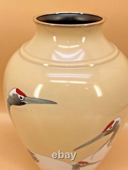 Fine Japanese Meiji Ando Wire & Wireless Cloisonne Vase With Cranes