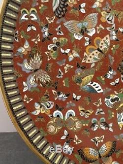 Fine Japanese Meiji Kyoto School Cloisonne Plate with Butterflies