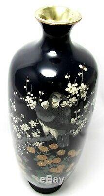 Fine Meiji Black Glass Japanese Cloisonne Silver Wire Enamel Vase c. 1900