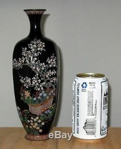 Fine Meiji Japanese Cloisonne Silver Wire Enamel Vase with Basket Garden Scene