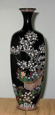 Fine Meiji Japanese Cloisonne Silver Wire Enamel Vase with Basket Garden Scene