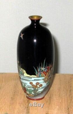 Fine Meiji Period Japanese Cloisonne Enamel Vase with Three Birds, Water Scene