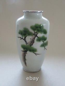 Fine Old Japanese Wireless & Silver Wire Cloisonne Vase With A Green Pine Tree