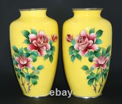 Fine PAIR of Japanese Cloisonne Vases Vivid Yellow Background Excellent Cond