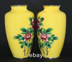 Fine PAIR of Japanese Cloisonne Vases Vivid Yellow Background Excellent Cond