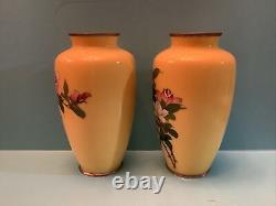 Fine PAIR of Japanese Cloisonne Vases Vivid Yellow Background. H 7