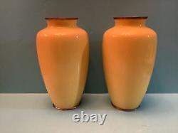 Fine PAIR of Japanese Cloisonne Vases Vivid Yellow Background. H 7