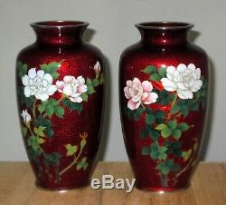 Fine Pair Vintage Japanese Akasuke Cloisonne Enamel Vases with Roses Signed Sato
