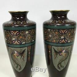 Fine Pair of Antique Japanese Meiji Period Cloisonne Vases 8.5