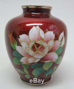 Fine Vintage Pair of Wireless Red & Floral Cloisonne Vases c. 1950s Japanese