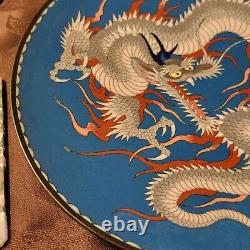 Finest Quality Antique Japanese Silver Wire Cloisonne Hanging Dragon Plate 9.5
