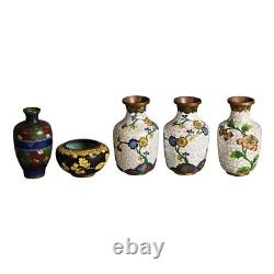 Five Antique Japanese Cloisonne Floral Enameled Mini Vases C1920