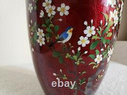 Ginbari Pigeon Blood 12 Cloisonne Vase Cherry Blossom Rare Blue Bird