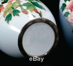 Gorgeous Pair Vintage Japanese Cloisonne Enamel Vases Shaded Peony Flowers Japan