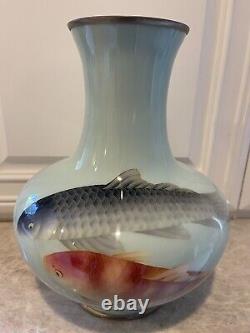 Gorgeous Rare Ando Jubei Cloisonne Enameled Koi Fish Large Vase MINT