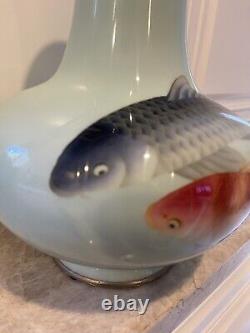 Gorgeous Rare Ando Jubei Cloisonne Enameled Koi Fish Large Vase MINT