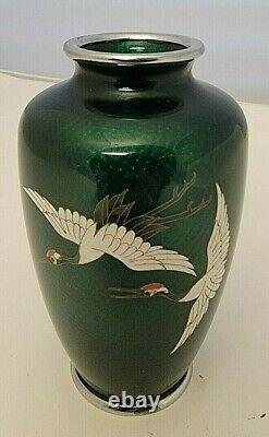 Green Cloisonné Vase 2 Cranes Shippo-yaki Ando Jubei Meiji 1890-1910s 5 Tall
