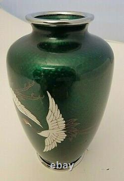 Green Cloisonné Vase 2 Cranes Shippo-yaki Ando Jubei Meiji 1890-1910s 5 Tall