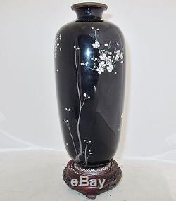 HAYASHI Signed Antique Japanese Black Cloisonne Vase with Flowers & Bird 9.6