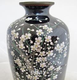 HAYASHI Signed Antique Japanese Black Cloisonne Vase with Flowers & Bird 9.6