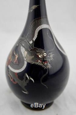 Hayashi style Meiji Japanese cloisonne jippo silver-wire vase with coiled dragon