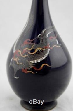 Hayashi style Meiji Japanese cloisonne jippo silver-wire vase with coiled dragon