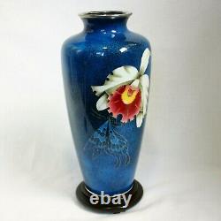 Hiroaki Ota Cloisonne vase silver wired Orchid and butterfly design