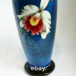 Hiroaki Ota Cloisonne vase silver wired Orchid and butterfly design