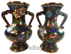 Impressive Pair Antique Japanese Meiji Cloisonne Enamel Vases Roundals
